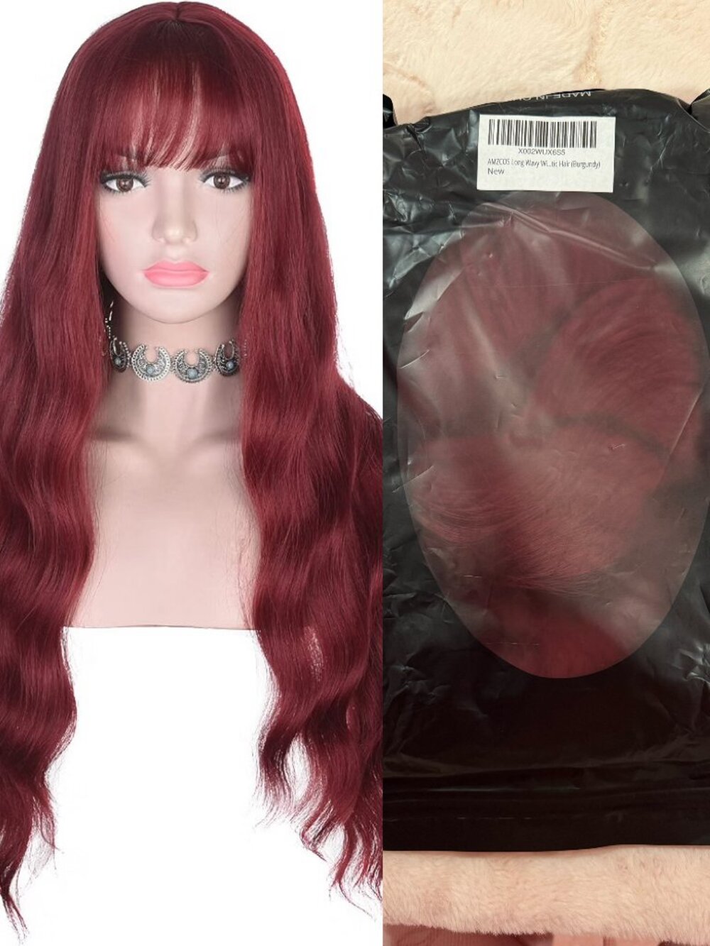 New AMZ COS Long Wavy Burgundy Wig with Bangs - For Cosplay or Halloween!